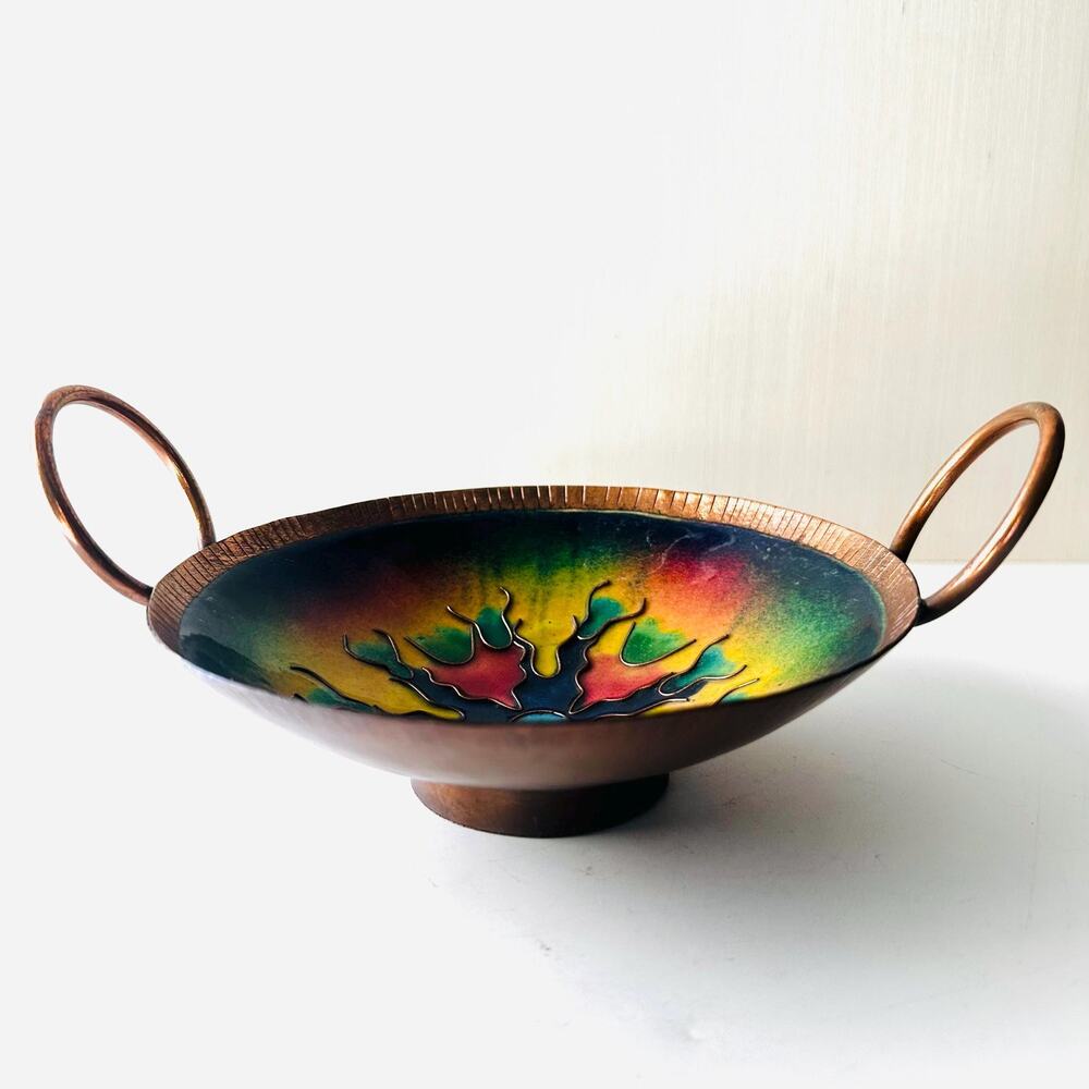 Vintage Copper Enamel Decorative Bowl Trinket Dish Round Handles